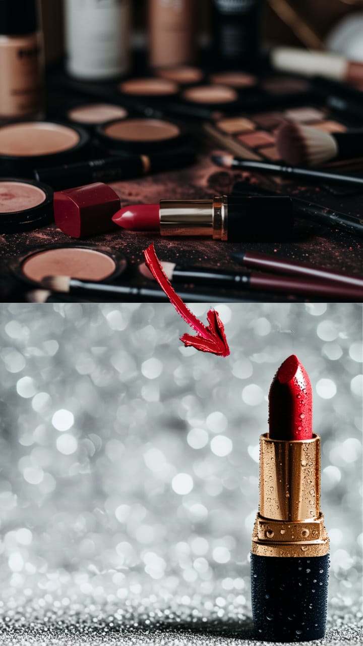 Cinematic lipstick product photo with sparkle and mist